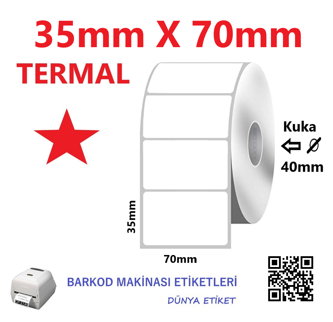 35mm X 70mm Termal Barkod Etiketi (10 Rulo) Toplam 10.000 Adet