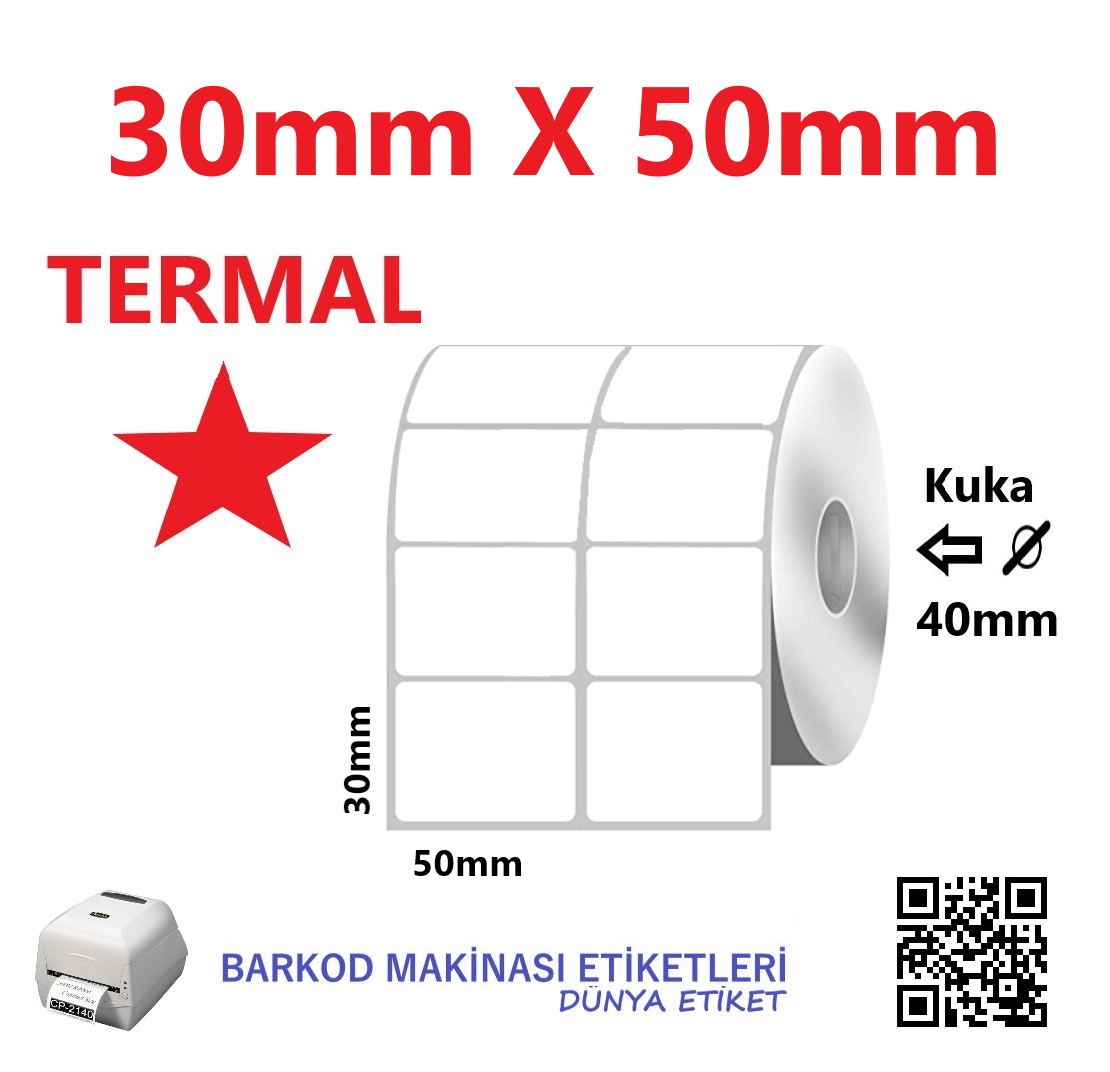 30mm X 50mm Termal Barkod Etiketi (10 Rulo) Toplam 20.000 Adet