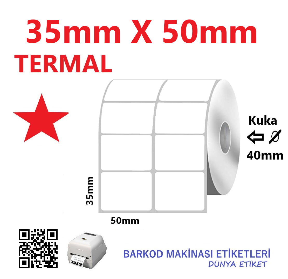 35mm X 50mm Termal Barkod Etiketi (10 Rulo) Toplam 20.000 adet