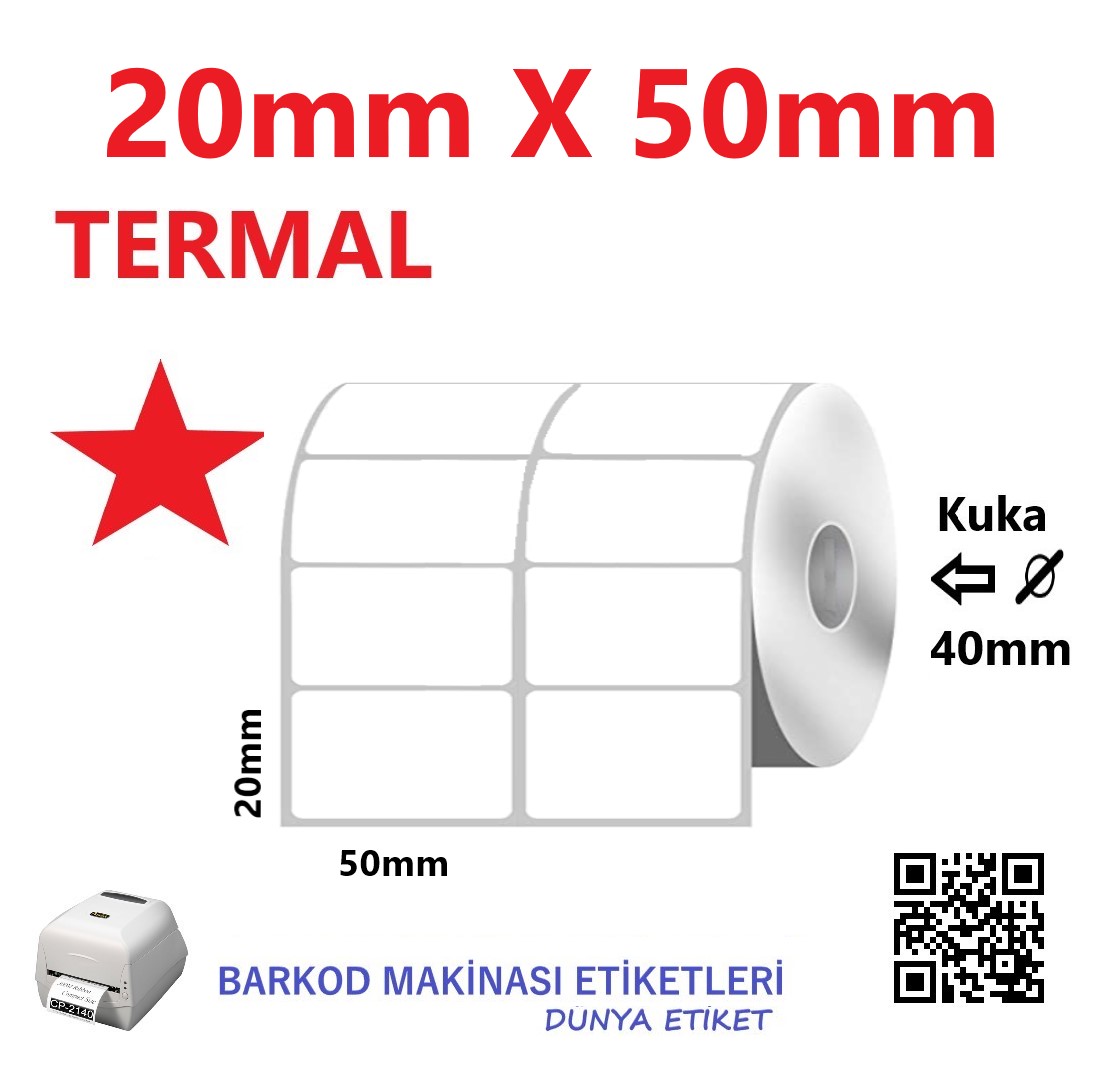 20mm X 50mm Termal Barkod Etiketi (10 Rulo) Toplam 20.000 Etiket