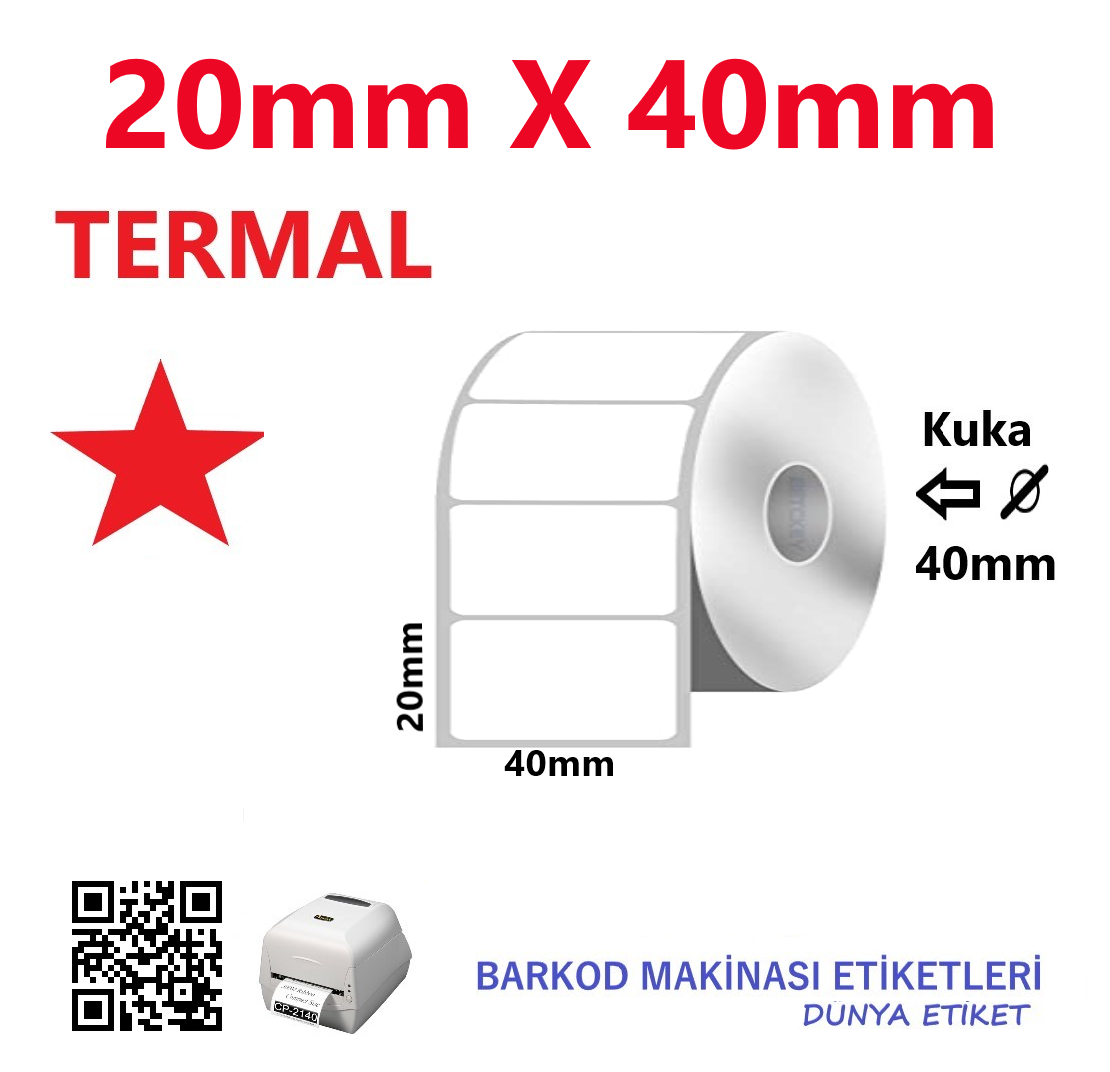 20mm X 40mm Termal Barkod Etiketi (10 Rulo) Toplam 10.000 Adet