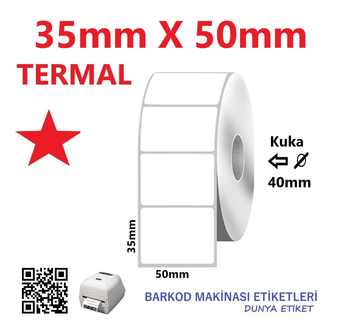 35mm X 50mm Termal Barkod Etiketi (10 Rulo) Toplam 10.000 Adet