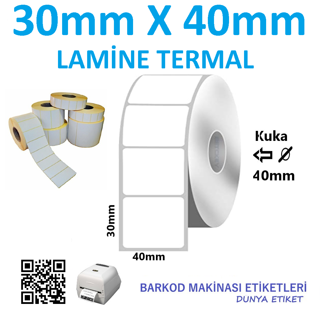 30mm X 40mm Lamine Termal Barkod Etiketi (10 Rulo) Toplam 10.000 Adet