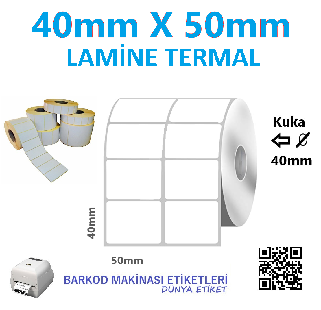 40mm X 50mm Lamine Termal Barkod Etiketi (10 Rulo) Toplam 20.000 Adet